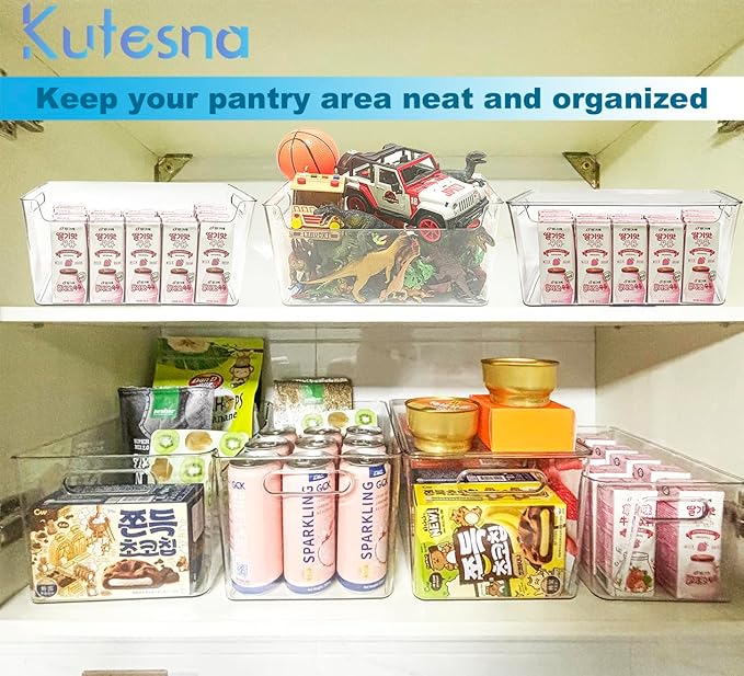6 PCS Clear Plastic Storage Bins, 2-Sizes Stackable Storage Containers, Pantry Organizers and Storage with Handles, Perfect for Bathroom,Cabinet,Cupboard,Kitchen,Fridge,Closet Organization-NeatNest