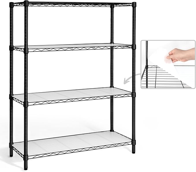 CAPHAUS NSF Adjustable Height Wire Shelving Unit w/Liner, Basement Storage Shelving, Metal Steel Storage Shelves, Garage Shelving Storage Organizer, Utility Shelf, 4-Tier No Wheels W/Liners, Black-NeatNest