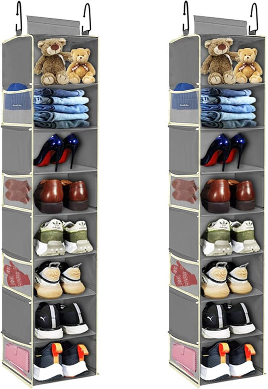 2 Pack Large-Sized Hanging Shoe Organizer 8-Shelf, Hanging Closet Organizer with 8 Side Pockets, Wider Hanging Shelves for Storage Shoes Clothes 9" W × 11.8" D× 48" H, Grey.-NeatNest