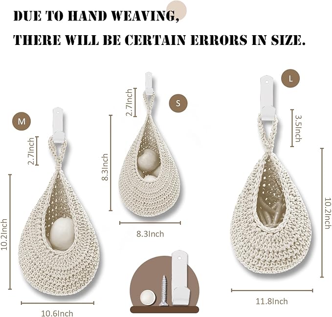 Hanging Fruit Basket Set of 3, Boho Wall Hanging Storage Basket for Organizing, Handmade Teardrop Hammock Holder for Fruit Vegetable in Home & Restaurant Kitchen with Hooks, White Cotton