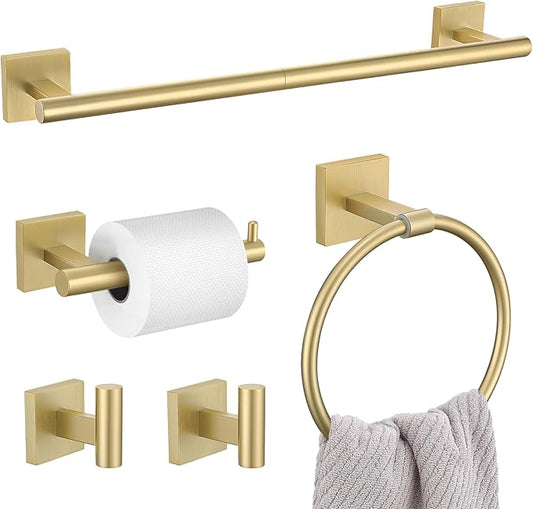 5 Pieces Bathroom Hardware Set Brushed Gold Towel Bar Set Includes 23.6” Towel Bar, Towel Ring Holder, Toilet Paper Holder and Two Towel Hooks, Bathroom Accessories Set SUS304 Wall Mounted