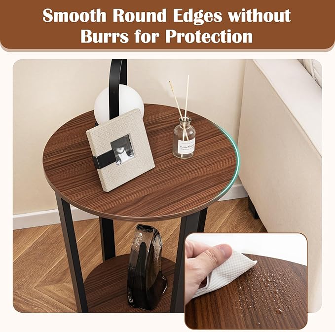 Giantex Round End Table Set of 2, 2-Tier Side Sofa Table with Open Storage Shelf and Metal Frame, Industrial Nightstand Bedside Table for Living Room, Bedroom, Small Space, Accent Furniture, Walnut