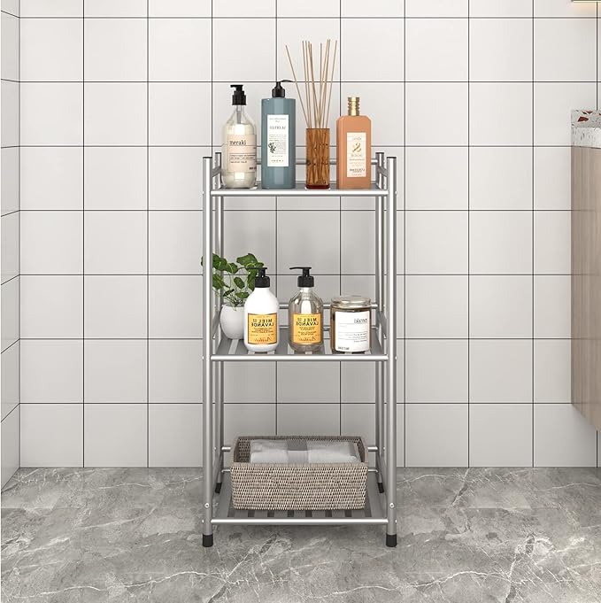 3 Tier Bathroom Storage Open Shelf Unit, Free-Standing Metal Corner Rack Shelving for Kitchen, Living Room, Hallway (Bright Gray, 3 Tier)-NeatNest