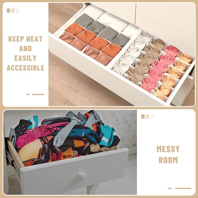 Criusia 3 Pack Sock Underwear Drawer Organizer Dividers, 64 Cell Fabric Foldable Cabinet Closet Organizers and Storage Boxes for Storing Socks, Panties, Ties (16+24+24 Cell, White)-NeatNest