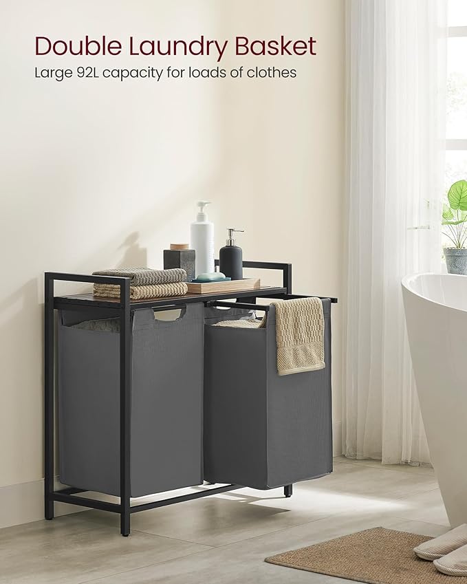 VASAGLE Laundry Hamper, Laundry Basket, Laundry Sorter with 2 Pull-Out and Removable Bags, Shelf, Metal Frame, 2 x 12.1 Gallons (46 L), 28.8 x 13 x 28.4 Inches, Slate Gray and Rustic Brown UBLH201G01-NeatNest