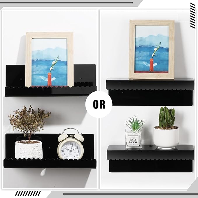 2 Pack Acrylic Wall Floating Shelves, Black Adhesive Organizer, Acrylic Floating Bookshelves, Wall Display Shelve for Bedroom, Gaming Room, Living Room, Bathroom, Office-NeatNest