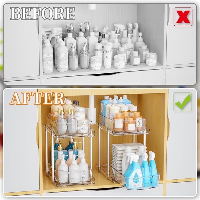 Yieach 2 Pack 2 Tier Bathroom Under Sink Organizer With Track,12.8 Inch Tall Under Cabinet Organizer,Clear Undersink Pull Out organizer for Kitchen,Vanity,Counter,Vanity,Medicine,Makeup,Hair Products-NeatNest