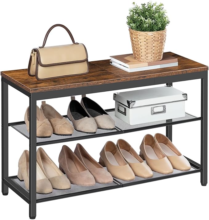 HOOBRO Shoe Bench, 3-Tier Shoe Rack, Industrial Shoe Organizer Storage Bench, 29.5 inches Entry Bench with Mesh Shelves, for Entryway, Living Room, Hallway, Easy Assembly, Rustic Brown BF75HX01-NeatNest