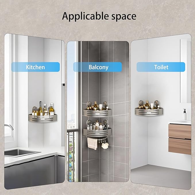 Suction Cup Shower Shelf,Shower Caddy Corner with Hooks and Towel Bar,Wall Hanging Corner Shower Caddy Suction Cup,No Drilling Rust Proof Aluminum Shower Shelf for Toilet & Kitchen(2-Pack,Gray)