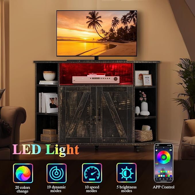 4 EVER WINNER Corner TV Stand with Led Light for 50 Inch TV, Corner Entertainment Center with Open Storage, Adjustable Shelves, TV Stands for Living Room, Bedroom, Rustic Oak-NeatNest