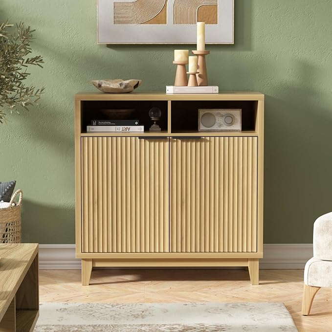 Buffet Cabinet with Storage - Elegant Fluted Storage Cabinet with Adjustable Shelves and Solid Wood Leg, Modern Buffet Sideboard for Living Room, Dining Room, Entryway-NeatNest