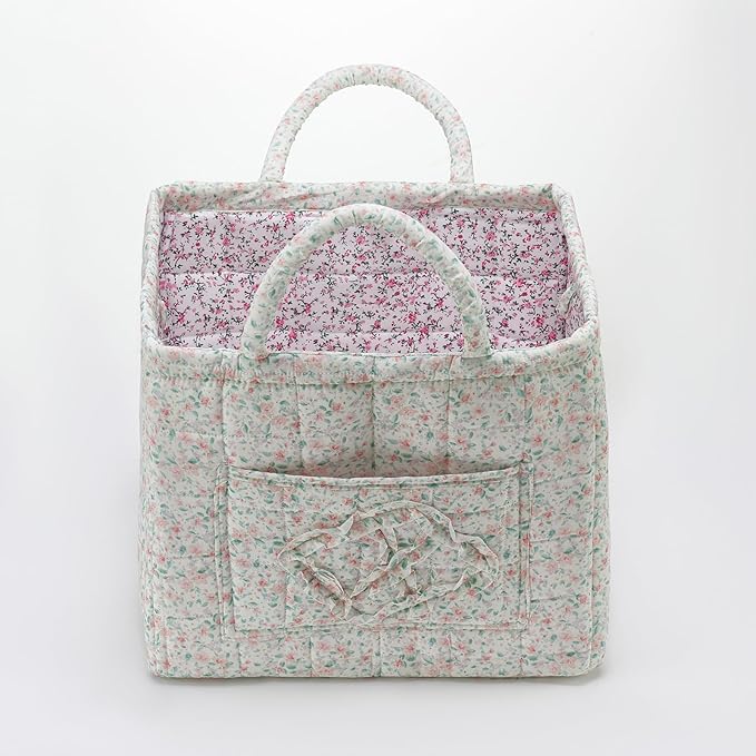 Boho Fabric Storage Basket Quilted Floral Print Baskets Organizer Bin with Handles for Home, Picnic, Shopping (Green, L)-NeatNest