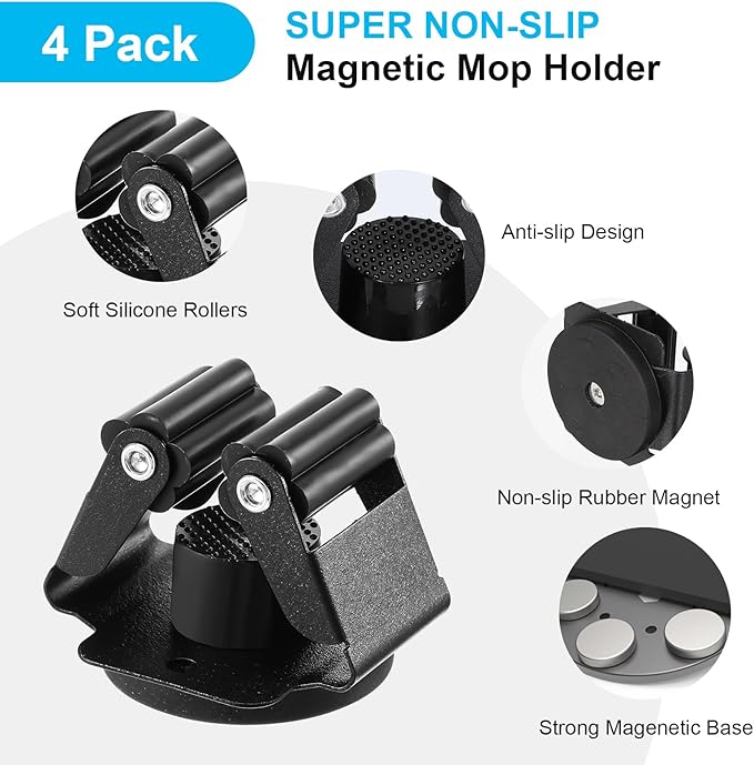 4PCS Magnetic Mop Broom Holder – Heavy Duty, Anti-Slip Wall Mount with Adjustable Gripper for Garage, Kitchen, Laundry & Garden Organization