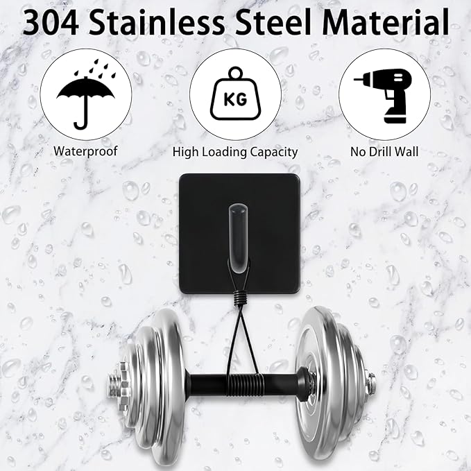 8Pcs Self Adhesive Wall Hooks, Waterproof Command Strips Hooks Including 4pcs Square Heavy Duty Hook and 4pcs Round Wall Hangers, Stainless Steel Towel Hooks for Hanging Coat Key (Black)