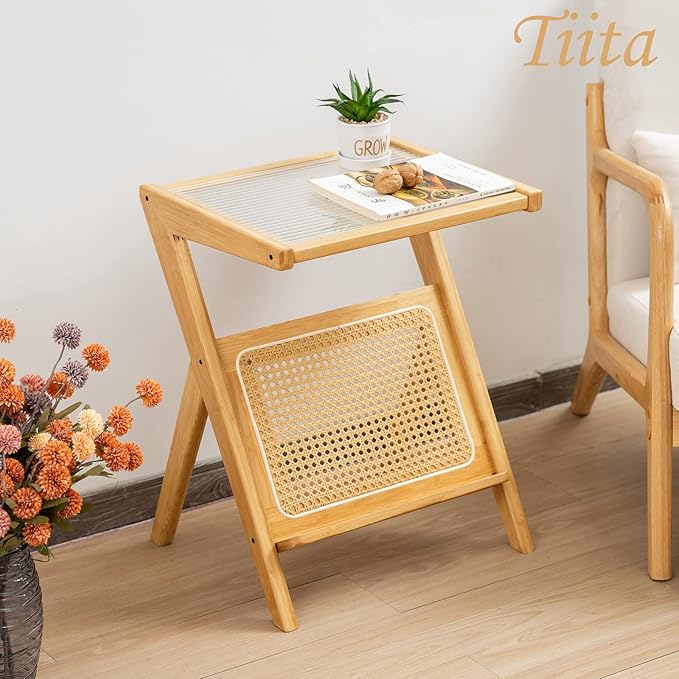 Tiita Rattan Side Table, Mid Century Nightstand, Bamboo Accent Bedside Tables, Glass Coffee Tables, Boho Wooden End Table with Storage for Small Space, Living Room and Bedroom