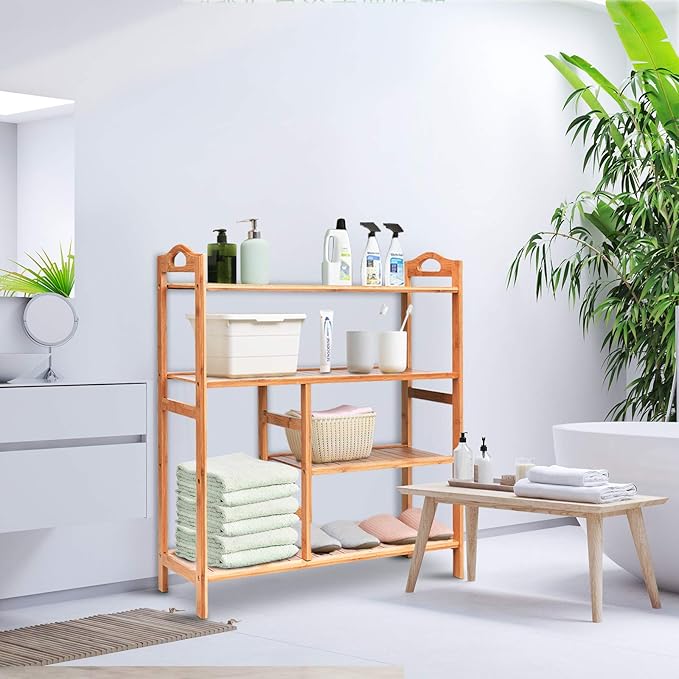 4-Tier Bamboo Shoe Rack with Boots Storage, Freestanding Wooden Display Shelf with Handle, Multifunctional Storage Organizer for Bathroom Entryway, Hallway, Living Room Plant Stand-NeatNest