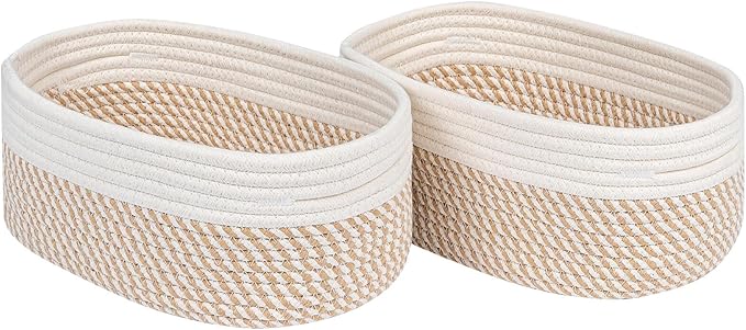 CubesLand Small Storage Baskets for Shelves, Closet Organization Bins Empty Gift Basket 2 Packs Baby Nursery Woven Organizing, Rectangular Clothes Shelves Off White/Mixed Camel-NeatNest