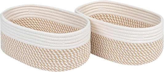 CubesLand Small Storage Baskets for Shelves, Closet Organization Bins Empty Gift Basket 2 Packs Baby Nursery Woven Organizing, Rectangular Clothes Shelves Off White/Mixed Camel-NeatNest