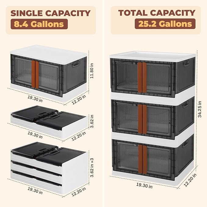 3 Pack 8.4 Gallon Collapsible Storage Boxes, Lidded Storage Box with Door and Wheels for Books, Towels and Clothes, Folding Storage Box for Home, White