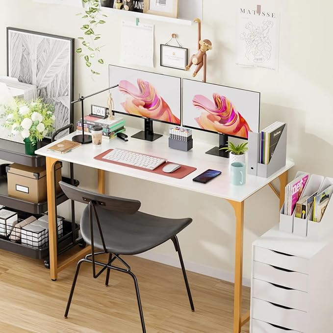 40 Inch Computer Desk for Bedroom，Sturdy Wooden Work Desk for Home Office，Simple Modern Style Tables with Metal Desk Legs Writing Study Table for Adults&Kids,White Gold
