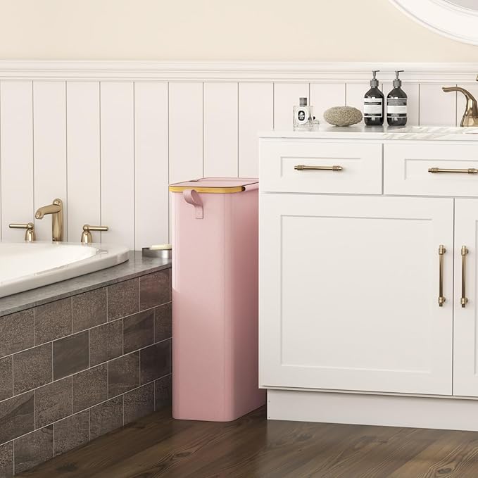 Lifewit 65L Slim Laundry Hamper with Lid, Narrow Laundry Basket with Removable Bag & Bamboo Handles, Fodable Thin Dirty Clothes Hamper for Laundry Collapsible Bin for Bathroom Bedroom Dorm, Pink-NeatNest