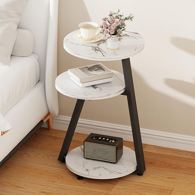 BEWISHOME Round End Table Marble Side Table with Metal Frame, Small Nightstand with 3-Tier Shelves, Night Stand for Living Room Bedroom Tall Black KTZ41H-NeatNest