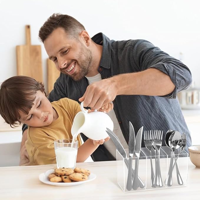 Clear Acrylic Cutlery Storage Organizer, Plastic Cutlery Utensil Holder Storage Organizer Caddy for Kitchen Countertop Organization, Holds Fork, Knife, Spoon, Pen, Silverware Tableware Storage Box-NeatNest