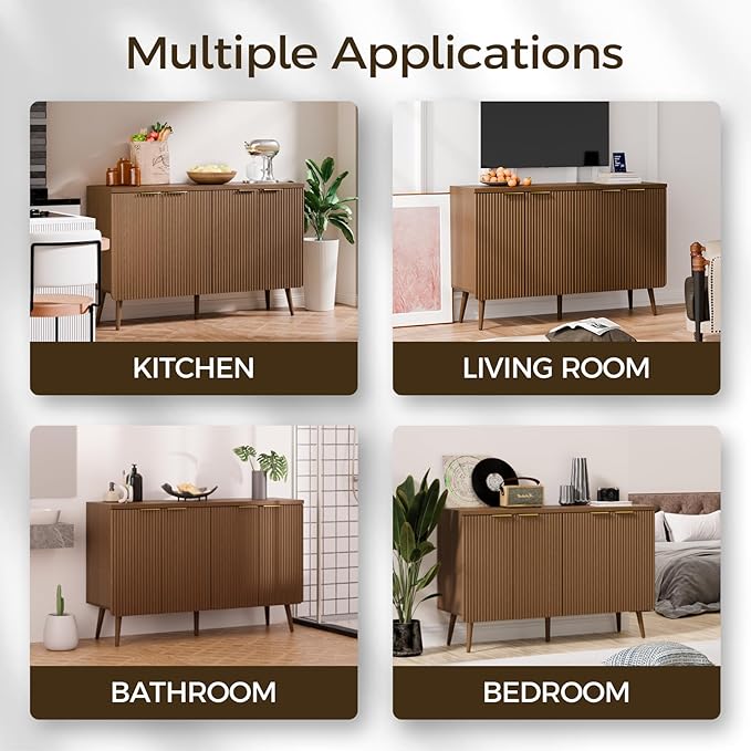 47.2" Sideboard Buffet Cabinet with Storage, Modern Fluted Accent Credenza with 4 Doors, Buffet Media Console Entryway Cabinets with Adjustable Shelves for Living Dining Room Hallway, Walnut-NeatNest