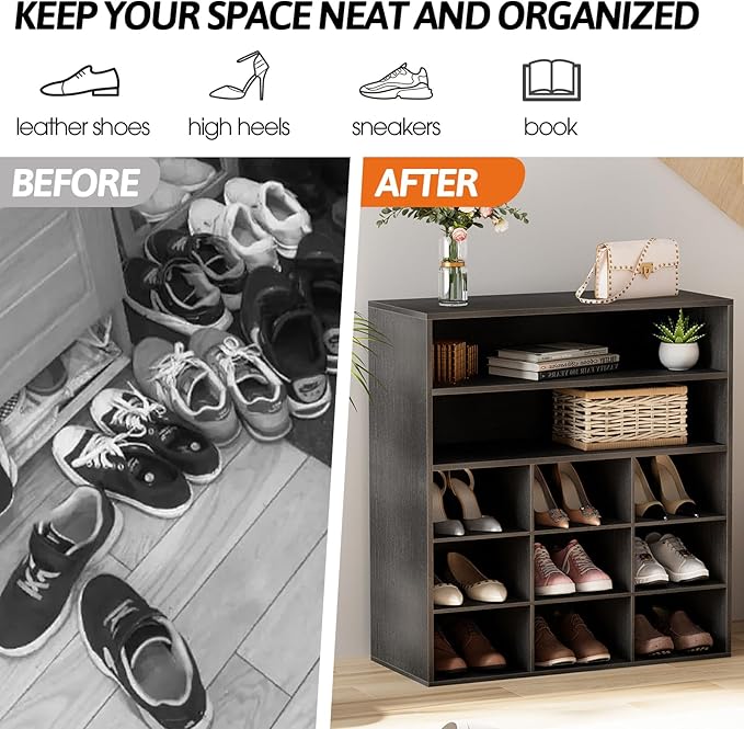 Garden 4 you Shoe Rack Organizer, 5-Tier Wood Cubby Shoe Rack with 2 Storage Shelf and 9 Cubbies, Shoe Organizer Cabinet for Entryway, Hallway, Closet and Garage,Black-NeatNest
