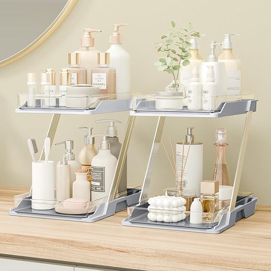 2 Pack Bathroom Organizers and Storage - Multi-Purpose,2-Tier Clear Pull Out Organization for Bathroom,Under Sink,Kitchen,Vanity,Countertop,Cabinet,Pantry & Medicine Cabinet,Grey-NeatNest