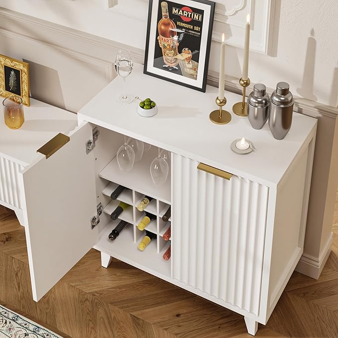 Fluted Coffee Bar Cabinet with Storage, Modern Sideboard Buffet Cabinet with Removable Wine Rack, Drawer, Adjustable Shelf, White Liquor Cabinets for Living Room, Dining Room, Kitchen, Entryway