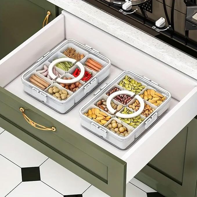 Food Storage Containers, 8 Compartment Snack Container with Dual Handles Reusable Divided Food Storage Boxes Fruit Serving Tray, Black