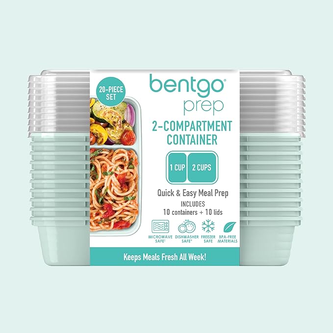 Bentgo 20-Piece Lightweight, Durable, Reusable BPA-Free 2-Compartment Containers - Microwave, Freezer, Dishwasher Safe - Mint-NeatNest