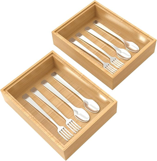 Bamboo Drawer Organizer, 2PCS Stackable Storage Boxes for Utensil Organizer, Wood Tray for kitchen, Bathroom and Bedroom 9" x 6" x 2"-NeatNest