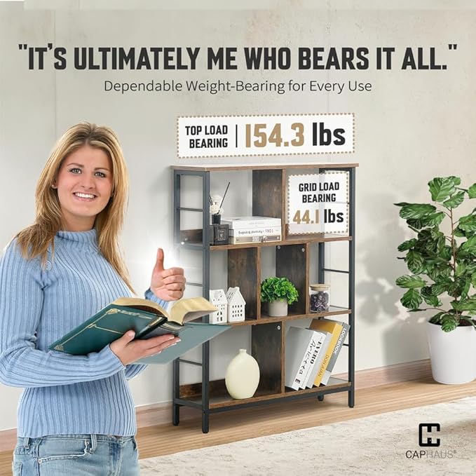 CAPHAUS 7 Cube Storage Organizer, 32” Wide 3 Tier Rustic Oak Industrial Open Shelf Bookcase, Display Shelf, Horizontal Bookshelf with Metal Frame, Wooden Board, for Living Room, Bedroom, Office-NeatNest