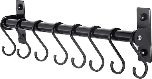 Dseap Kitchen Utensil Holder Hanger, Pot and Pan Rack Wall Mounted, Kitchen Rail with 8 Hooks for Hanging Cooking Utensils, Mugs, Spoons, Wall Mounted, Black-NeatNest
