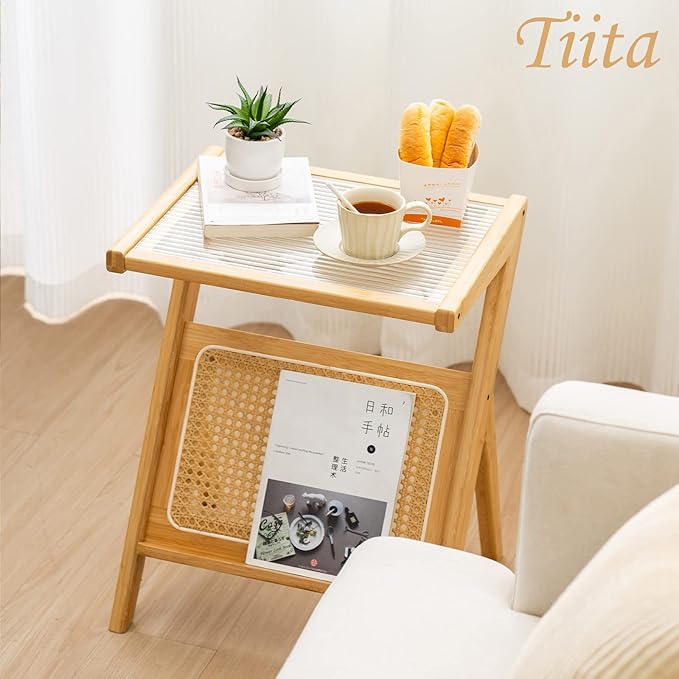 Tiita Rattan Side Table, Mid Century Nightstand, Bamboo Accent Bedside Tables, Glass Coffee Tables, Boho Wooden End Table with Storage for Small Space, Living Room and Bedroom