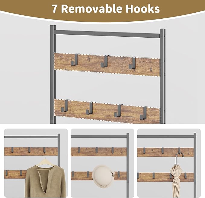 Coat Rack Hall Tree with Shoe Storage, Entryway Hall Tree Storage Bench, Wood Look Accent Furniture with Metal Frame, 3-in-1 Design, Rustic Brown-NeatNest