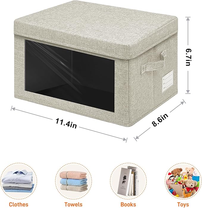 4-Pack Fabric Storage Bins with Lids, Foldable Storage Boxes with Handles & Clear Window, Closet Organizers for Clothes, Books (Beige, 4PCS/11.4 x 8.6 x 6.7 in)-NeatNest