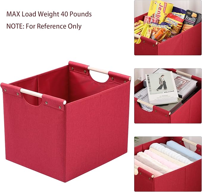 HOONEX Large Collapsible Storage Bins, Linen Fabric, Pack of 2, Storage Baskets with Wooden Carry Handles and Sturdy Heavy Cardboard, for Home, Office, Car, Nursery, Red