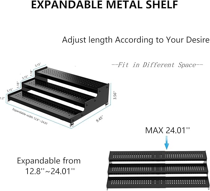 Expandable Spice Rack organizer with 3-Tier step shelf,Modern Design heavy duty,Non Skid and Visibility,Great for Kitchen Cabinet, Pantry and more(1PACK/BLACK)-NeatNest