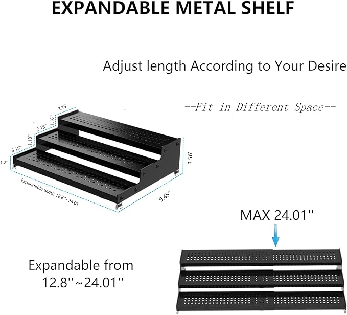 Expandable Spice Rack organizer with 3-Tier step shelf,Modern Design heavy duty,Non Skid and Visibility ,Great for Kitchen Cabinet,Bathroom,dressing table,Cupboard, Pantry and more(3PACKS/BLACK)-NeatNest