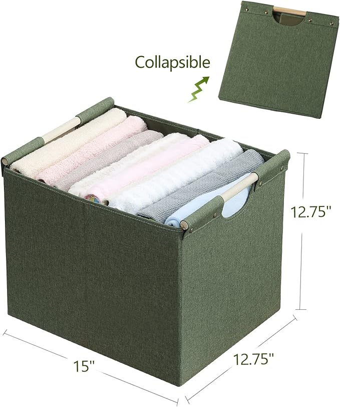 HOONEX Large Collapsible Storage Bins, Linen Fabric, Pack of 2, Storage Baskets with Wooden Carry Handles and Sturdy Heavy Cardboard, for Home, Office, Car, Nursery, Olive