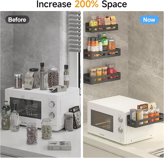 6 Pack Magnetic Spice Rack for Refrigerator, Spice Rack Organizer, Moveable Magnetic Shelf Fridge Organizer with 4 Hooks for Kitchen and Oven Organization, Black