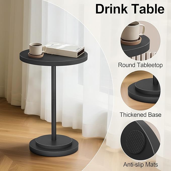 Drink Table, Small Pedestal Side Tables for Small Spaces, Wood Round Martini Table for Outdoor, Living Room and Bedroom, Black
