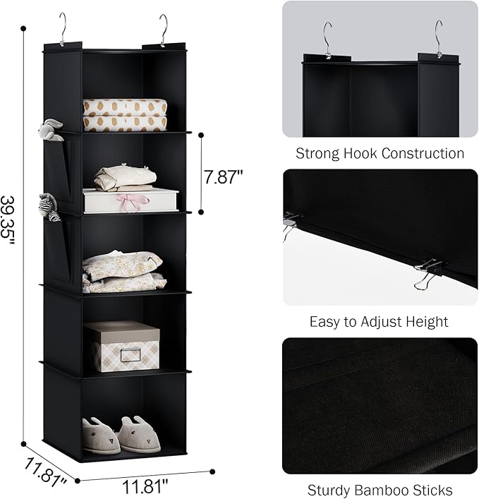 Hanging Closet Organizer, 5-Shelf Closet Hanging Storage Shelves, Black-NeatNest