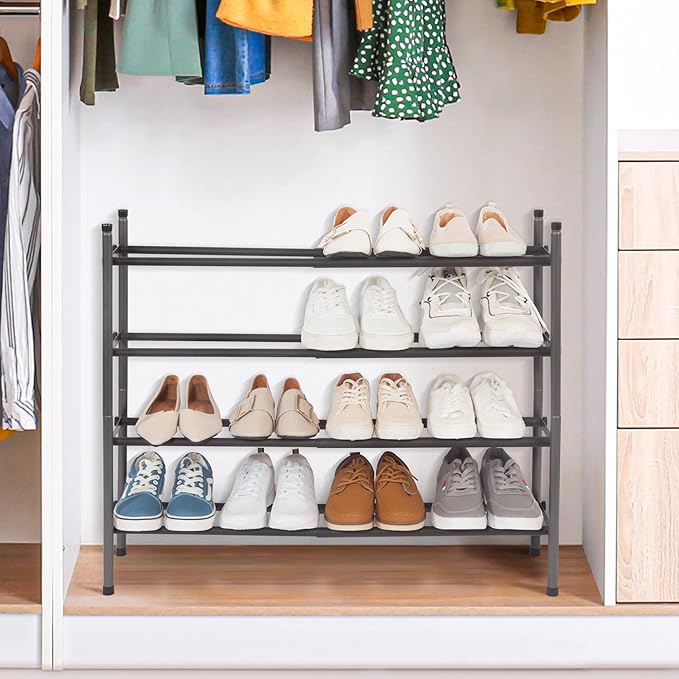 STORAGE MANIAC Expandable Shoe Rack, 16 Pairs Stackable Small Shoe Rack, Metal Adjustable Shoes Organizer for Closet, Entryway, Hallway, Garage, Front Door, Shoes Shelves, Black 4 Tier-NeatNest