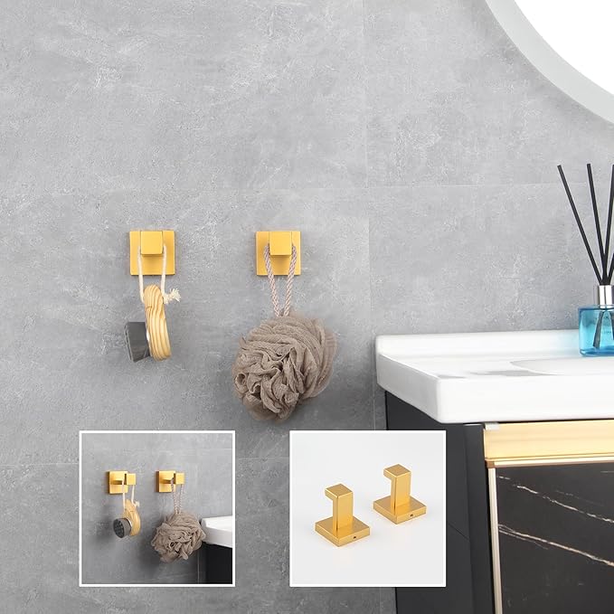 GERZWY Towel Hook Wall Mounted Robe Hook Heavy Duty Coat Hook Luxury Hooks for Bathroom 2 Pack Gold Stainless Steel FG1607-2BE