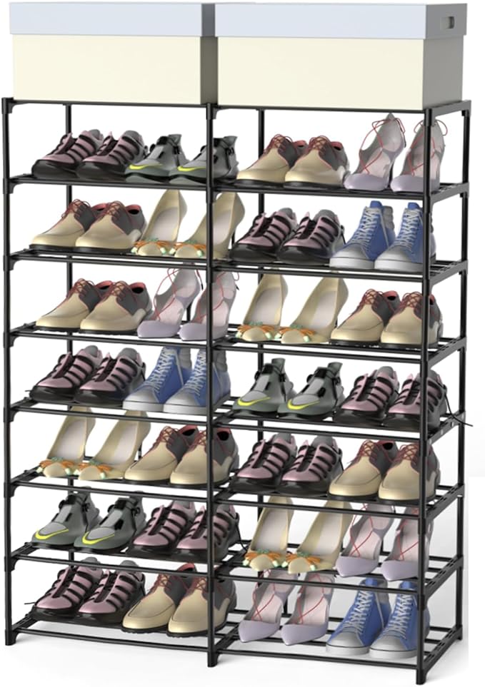 Large Shoe Rack Organizer, 2-Row 8-Tier Tall Shoe Storage Shelf for Closet, Entryway, Garage, Metal Free Standing Shoe Holder for 28-32 Pairs Shoes, Sturdy Stackable Shoe Stand for Bedroom-NeatNest