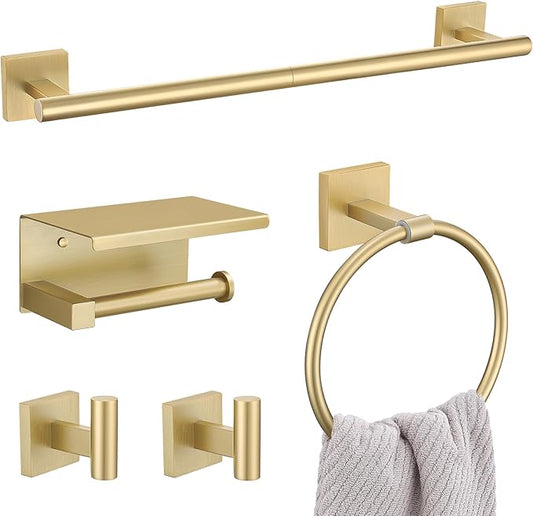 5PCS Brushed Gold Bathroom Hardware Set, SUS304 Stainless Steel Towel Bar Set-23.6 inches Towel Bar, Toilet Paper Holder with Shelf, Towel Ring and Two Towel Hooks, Towel Holder Set Wall-Mounted